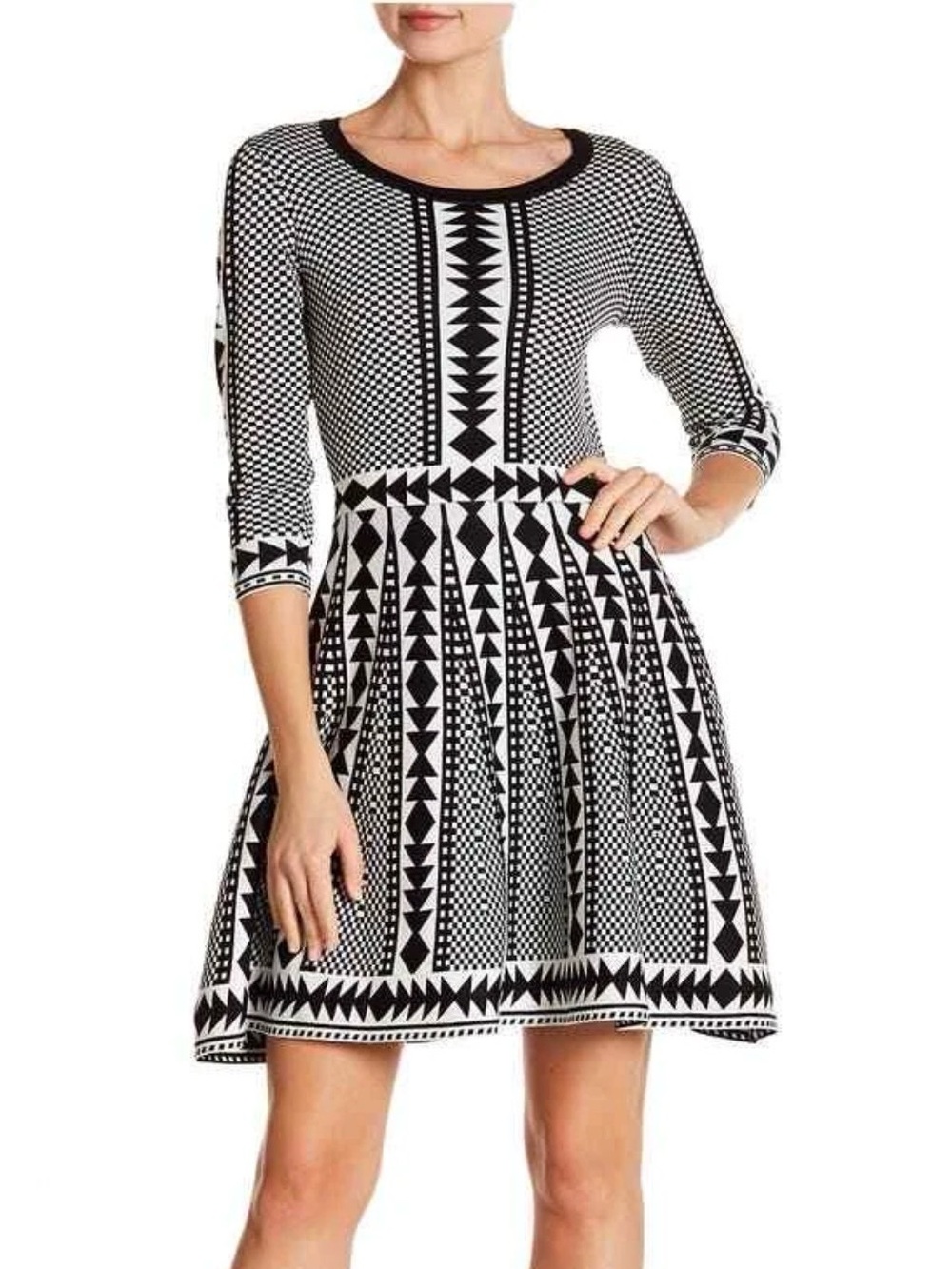 Nina Leonard Black White Geometric Knit Fit & Flare Sweater Dress